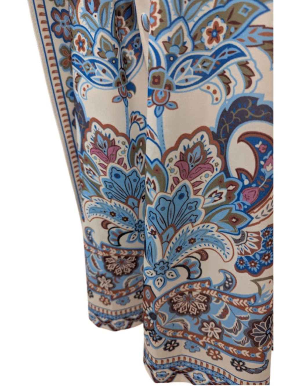 Paisley Belted Fit & Flare Dress Blue Ivory Boho Long Sleeve Size M - Picture 2 of 12